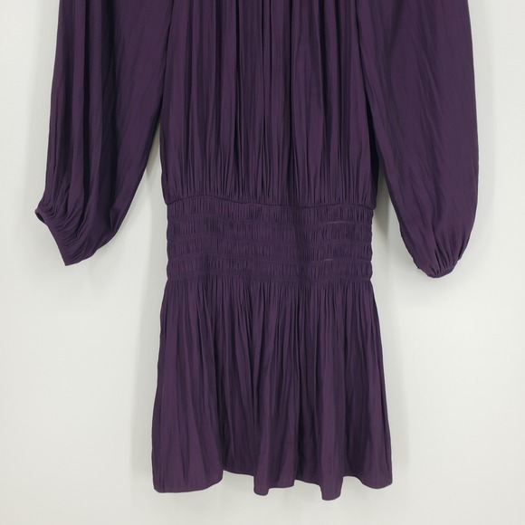 Ramy Brook Blouson Smocked Waist Satin Mini Dress L Long Sleeve Tie Dark Purple - Picture 10 of 10